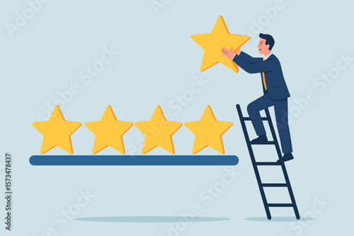 Businessman on a ladder adding the fifth star for an excellent rating. Concept of high quality, customer feedback, good business reputation. Evaluation, success and satisfaction.