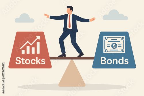 Businessman balancing stocks and bonds investment choices, asset allocation, risk assessment, portfolio diversification, long term returns, mutual funds, pension planning concept