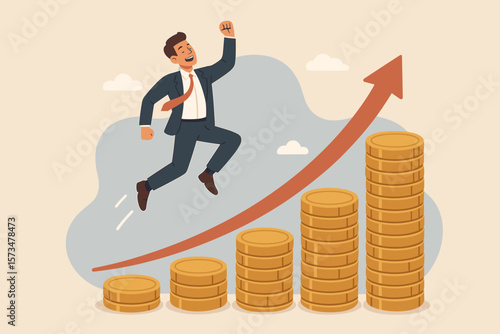 Successful businessman jumping over growing stacks of coins, upward arrow, financial growth, investment return, wealth increase, stock market profit, money success concept