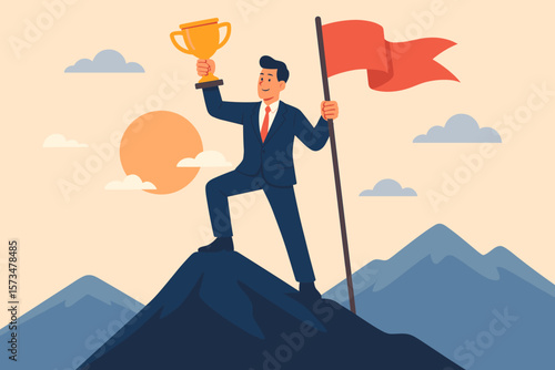 Success leadership to achieve goal. Motivation and aspiration to reach target. Winner challenge and growth journey concept. Successful businessman holding trophy and flag on mountain.