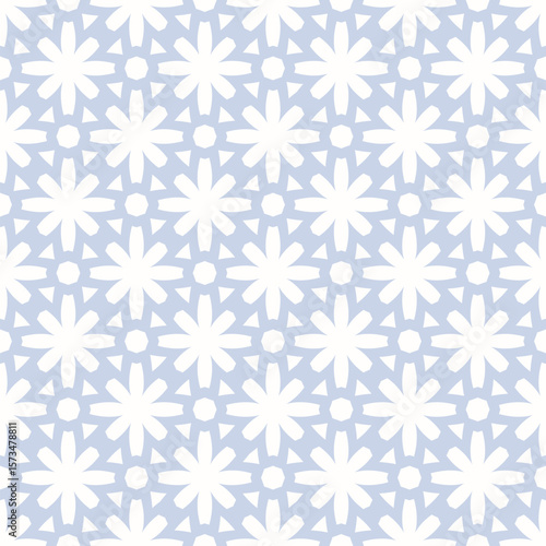 Vector seamless pattern in ethnic folk style. Simple floral geometric ornament. Light blue and white background texture with grid, lattice, flower silhouettes. Repeating design for decor, wallpapers