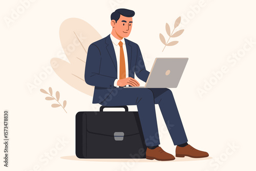 Confident businessman in suit working on laptop, sitting on briefcase, professional employee, specialist skill, occupation, administrator, career expertise, employment concept
