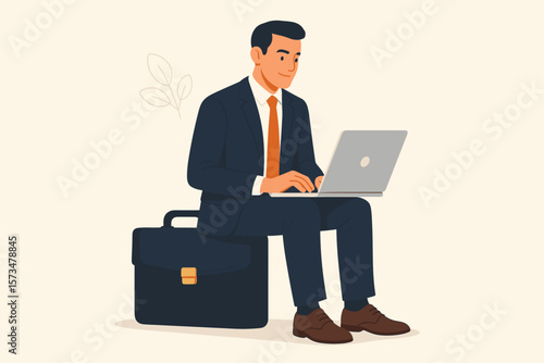 Professional businessman working on a laptop computer while sitting on a briefcase. Concept for work experience, expertise, specialist skill, remote work, corporate employment.