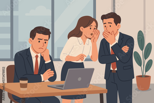 Office gossip and workplace rumors concept. Business colleagues whispering, spreading misinformation, workplace bullying, negative chatter, conflict, rudeness in corporate environment