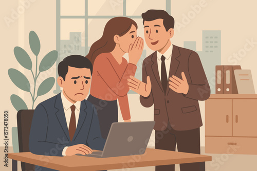 Office gossip and workplace rumor concept. Business colleagues whispering, spreading rumors, workplace bullying, misinformation, office conflict, unprofessional behavior, corporate environment