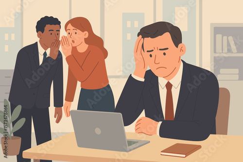 Workplace gossip and office rumors, business colleagues whispering behind coworker’s back, bullying, toxic work environment, misinformation, conflict, corporate communication issues