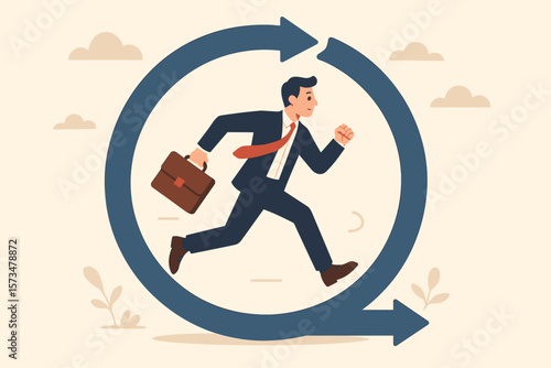 Businessman Running in Circle Arrow Symbolizing Daily Routine, Work Habit, Life Cycle, Agile Development, Discipline, Productivity, Efficiency, Success Process Concept