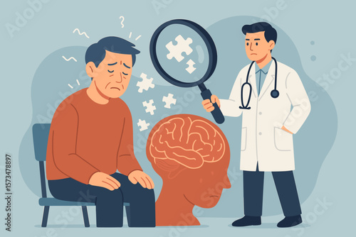 Doctor examines patient with memory loss, amnesia concept. Alzheimer disease, dementia, mental illness metaphor. Psychology, neurology and cognitive thinking disorder checkup.