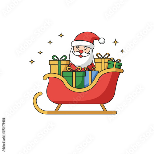 Santa Claus sitting in sleigh with colorful presents and stars  