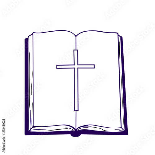 Open prayer book with cross symbol on transparent background for religious context