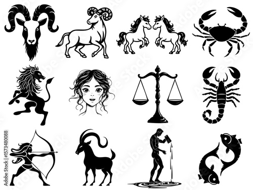 Signs of the zodiac, Set of twelve zodiac signs represented by unique silhouettes, showcasing astrology symbols against, transparent background