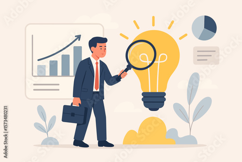 Business idea validation and viability check. Businessman with magnifying glass analyzes a lightbulb. Market research for profit, success, and growth. Entrepreneur concept.