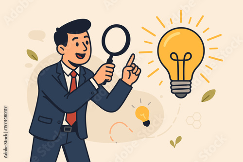 Discovering insight with magnifying glass. Businessman finds solution. Best result and outcome concept. Searching new innovation, opportunity, invention and research concept.