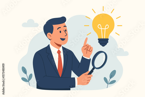 Discover insight, intelligence solution. Businessman with magnifying glass finds idea lightbulb. Solving, finding solution, search new innovation, opportunity, invention, research.