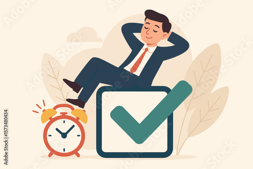 Work done on time. Easy completed task and finish work within deadline concept. Efficiency, productivity, and work-life balance. Businessman relaxing on a giant checkmark vector.