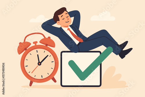Easy completed task. Finish work within deadline. Efficiency and productivity concept. Work done. Businessman relax on check mark. Time management success. Stress free vector.