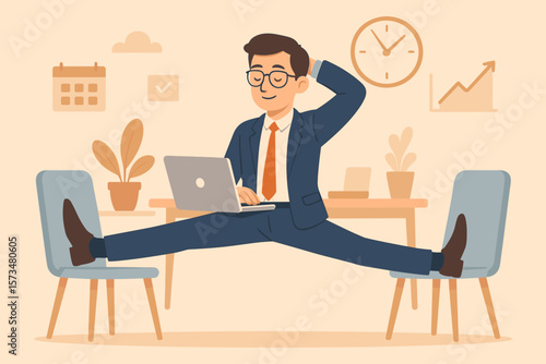 Flexible work schedule concept. Businessman multitasking, stretching legs between chairs, working on laptop, relaxed productivity, time management, office success, workplace balance