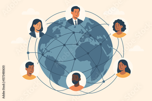Global business network, remote teamwork, international collaboration, diverse people connected worldwide, social media, digital communication, linking professionals, online community concept