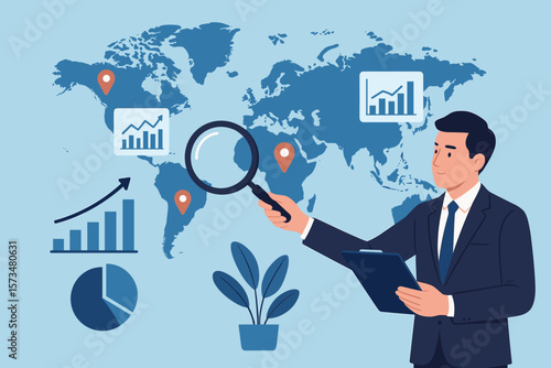 Global world economic analysis. International work opportunity or oversea investment. Country risk research for foreign career searching. Businessman with magnifying glass.
