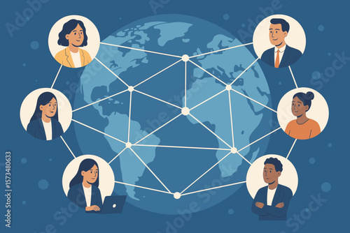 Global business network, remote teamwork, international collaboration, online communication, social media connections, virtual workplace, connecting people worldwide concept
