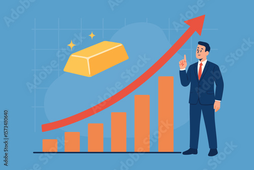 Gold investment growth, rising bullion price, financial profit, business success, investor with gold bar, upward trend, wealth increase, trading, economic gain concept