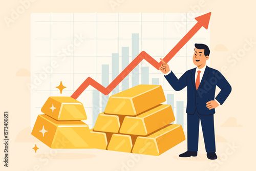 Gold investment profit growth concept. Businessman investor with gold bars, rising bullion prices, financial gain, upward graph, wealth increase, trading precious metals, financial success