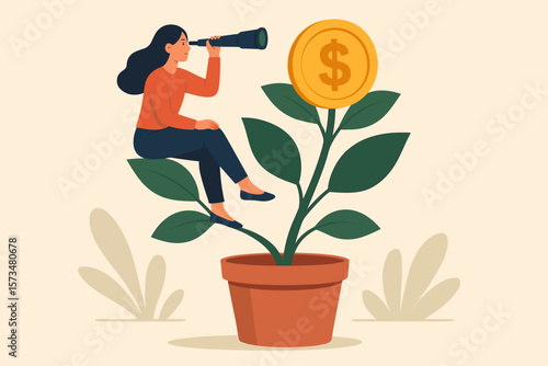 Financial growth investment concept, woman with telescope forecasting profit, money plant in pot, wealth accumulation, savings growth, income increase, mutual fund returns