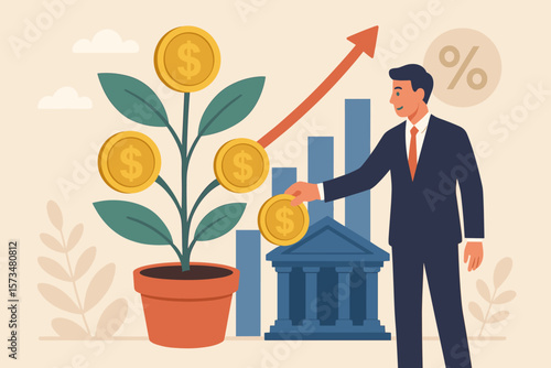 Mutual funds investment, 401K and pension savings growth for retirement. Businessman increasing wealth. Dividends, capital gain profit, and interest rate return concept.