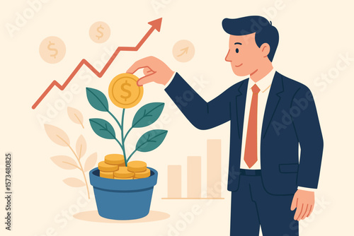 Businessman investing in mutual funds, 401K, pension or savings, growing wealth, earning dividends, capital gains, financial growth, interest rate return, money plant concept