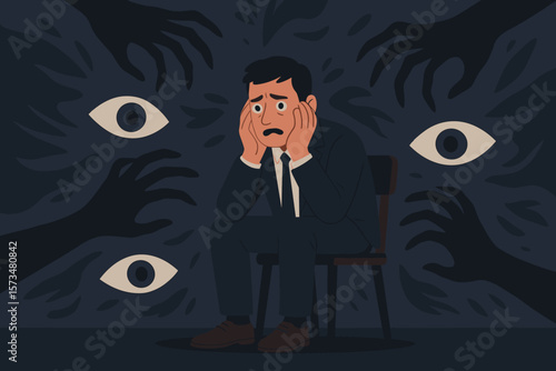 Paranoia anxiety fear mental health disorder concept. Depressed businessman sitting in chair. Stress, panic attack, phobia, psychological pressure, watching eyes, dark hands