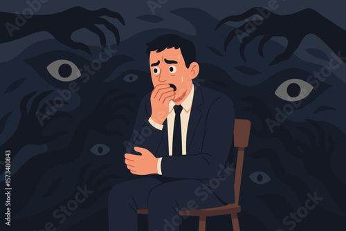 Paranoia, anxiety, and fear concept. Businessman in suit sitting alone, surrounded by dark hands and eyes. Depression, mental health disorder, stress, phobia, panic illustration.