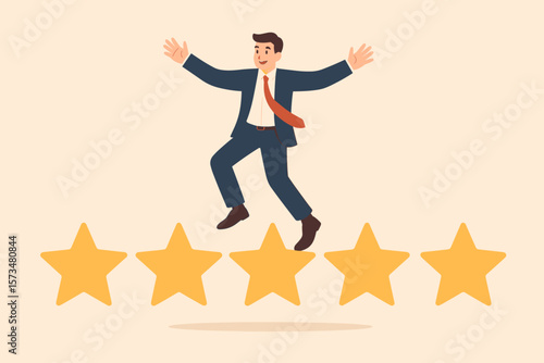 Performance review and annual employee evaluation concept. Businessman jumping on five stars for success. Excellent feedback, appraisal, and high rating for a successful career.