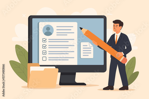 Online job application and career recruitment concept. Businessman filling employment submission form, resume or CV upload, candidate hiring, digital job search, HR process