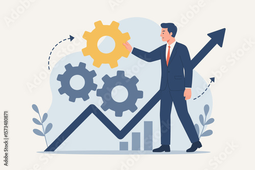 Business process improvement, efficiency optimization, productivity growth, project development, performance increase, businessman adjusting gears, workflow management concept