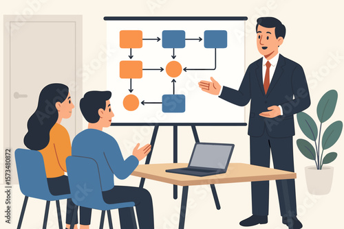 Business workflow presentation, project planning process, step-by-step procedure, corporate policy outline, team meeting, leader explaining sequence, office collaboration