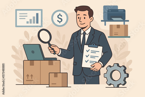 Procurement and asset management concept. Businessman manager purchasing company equipment, goods, service. Audit, checking price, depreciation. Supply chain financial control.