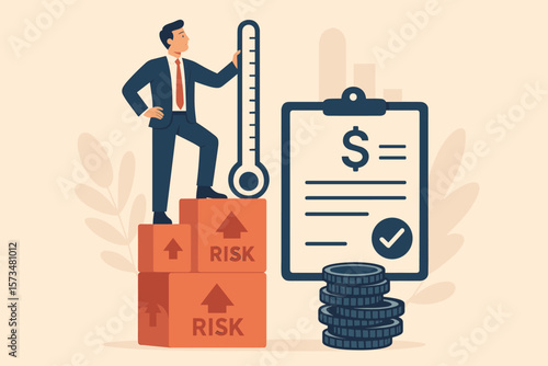 Business Risk Assessment and Investment Loss Control Concept. Investor Analyzes Financial Danger Level, Measures Acceptable Money Loss, Man Standing on Risk Blocks with Report