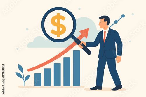 Businessman analyzing revenue growth and salary increase with magnifying glass on dollar sign, investment profit, stock market earnings, financial success concept