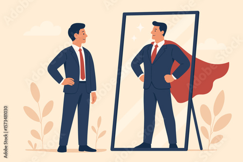 Self confidence self esteem concept. Businessman looking in mirror sees superhero. Believe in yourself, positive attitude, ambition, determination, motivation, success, goal achievement