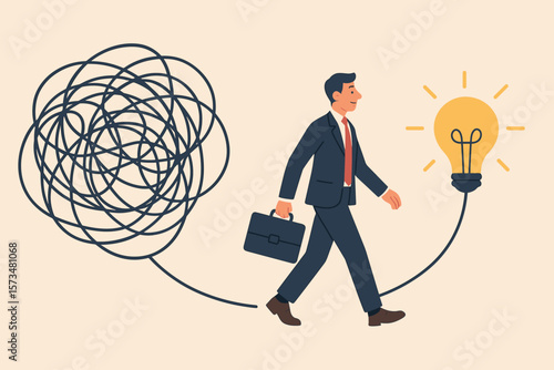 Businessman Solving Problem, Walking from Chaos to Clarity, Simplifying Complex Ideas, Creative Thinking Process, Finding Solutions, Innovation, Light Bulb Concept, Success