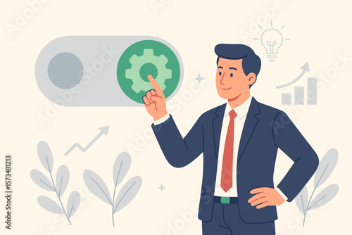 Businessman Activates Settings Switch for Paradigm Shift, Startup Launch, Business Improvement, Innovation, Preference Change, Growth Strategy, Modern Management Concept