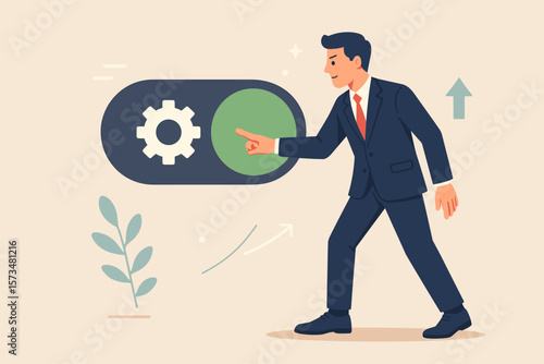 Businessman Activates Settings Switch, Initiates Paradigm Shift, Change Management, Start New Business, Improvement, Progress, Leadership, Growth, Preference, Success Concept