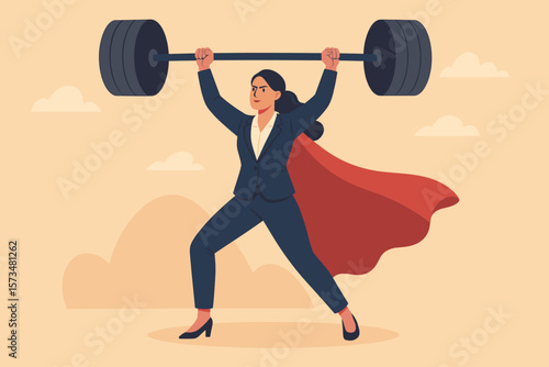 Powerful businesswoman superhero lifting barbell, leadership, ambition, female strength, success, confidence, empowerment, pride, effort, career achievement concept