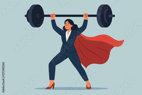 Powerful businesswoman superhero lifting barbell, symbolizing female leadership, strength, ambition, confidence, success, empowerment, pride, and business achievement concept