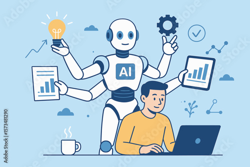 AI helping productivity. Artificial intelligence innovation for work efficiency. Automation and robotic assistance concept. Multitasking robot expert managing business workload.