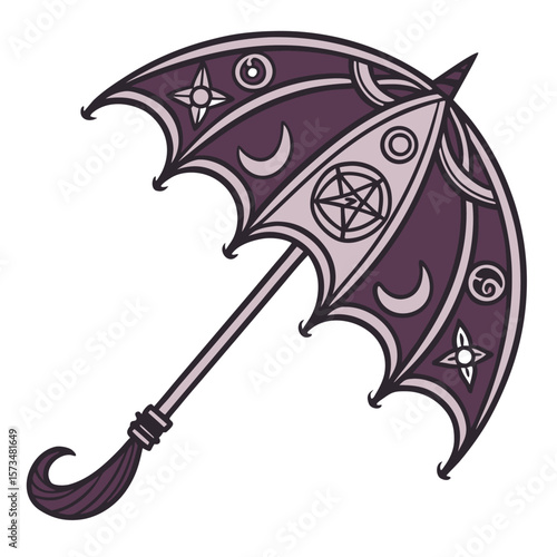 Illustration of a purple umbrella adorned with celestial and occult symbols in a whimsical style design