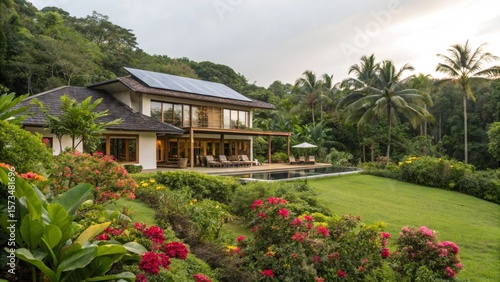 Luxurious Tropical Residence with Solar Energy System, Infinity Pool, Lush Landscaped Gardens, and Palm Trees, Blending Modern Design with Nature