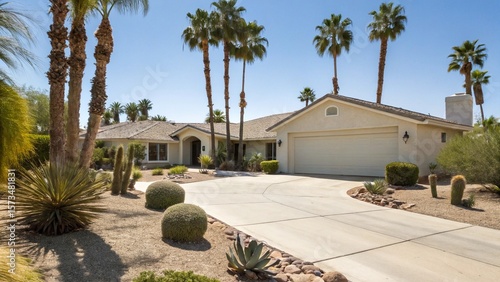 One-Story Suburban Home in a Sunny Desert Neighborhood with Palm Trees, Cactus Garden, and a Large Driveway, Ideal for Southern California or Arid Climates