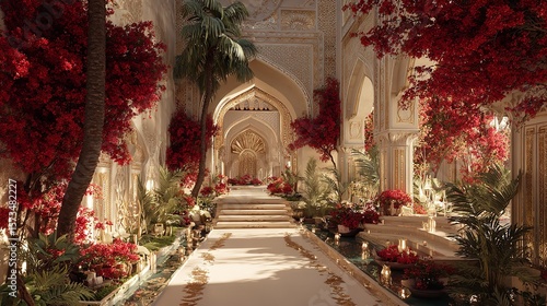 Wallpaper Mural Ornate hall lined with red blooms, tropical plants, water features, and candles Torontodigital.ca