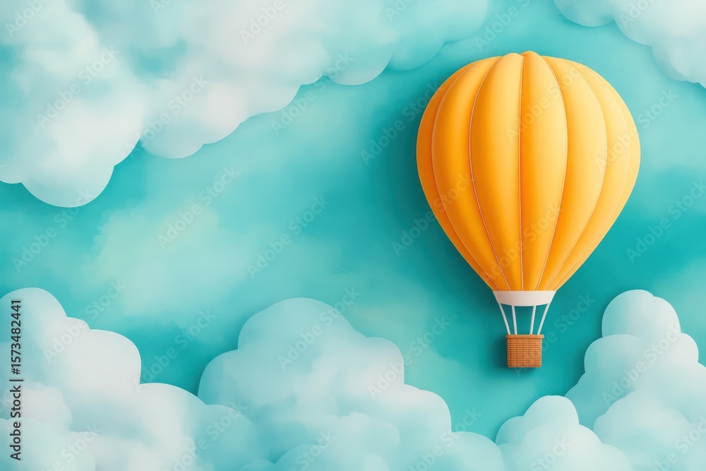 Obraz premium Yellow hot air balloon surrounded by clouds, floating on teal background, copy space
